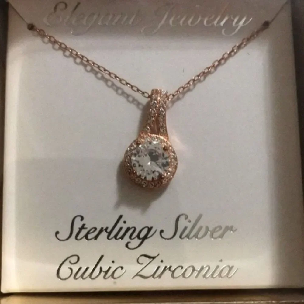 Sterling silver and cubic zirconia pendant necklace rose gold plated NEW